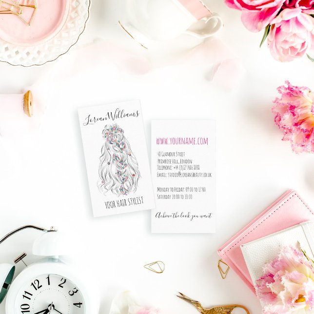 Tarjeta De Visita Boda Hair Stylist Black Waval Hair Floral (Subido por el creador)