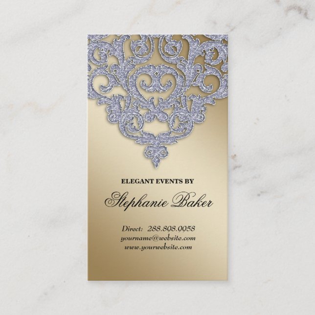 Tarjeta De Visita Boda Planificador de eventos Damask Silver Sparkle (Anverso)