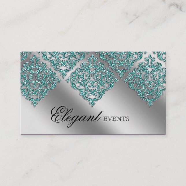 Tarjeta De Visita Boda Planificador de eventos Damask Sparkle Silver (Anverso)