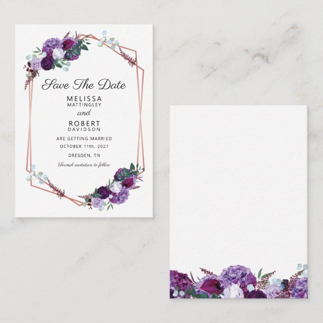 Tarjeta De Visita Boda Purple Floral Elegante salva la fecha (Anverso / Reverso)