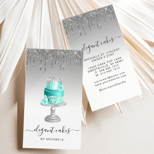 Tarjeta De Visita Boda Purpurina de torta Drin Panadería turquesa de