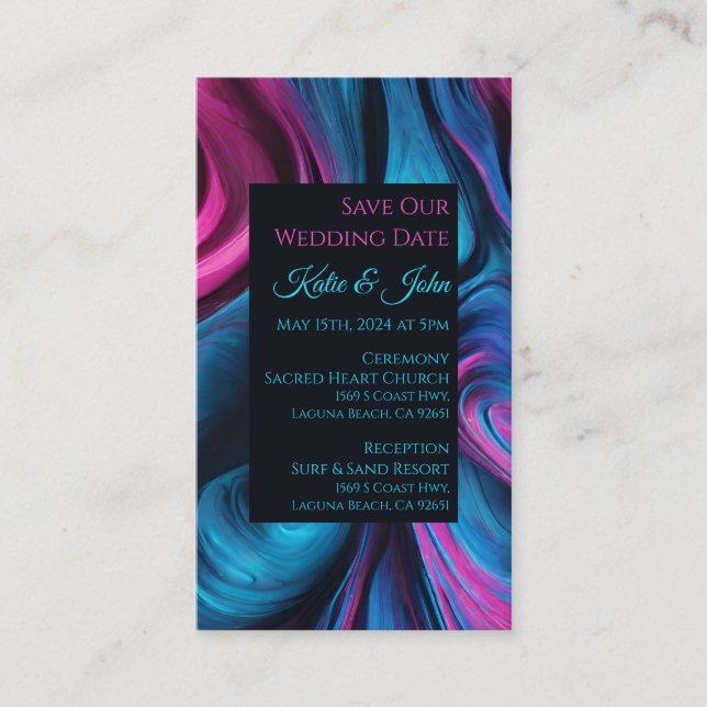 Tarjeta De Visita Boda Salva nuestra Fecha- Azul y Rosa modernos- (Anverso)