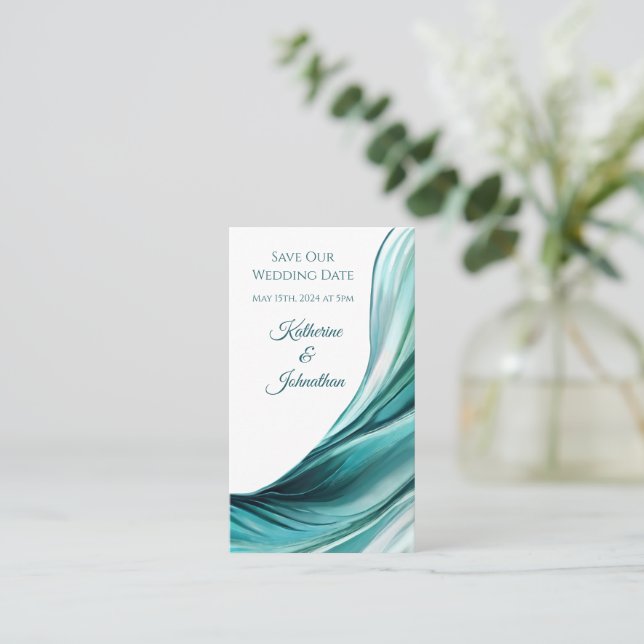 Tarjeta De Visita Boda Salven nuestra cita- Verde Esmeralda moderno- (Anverso de pie)