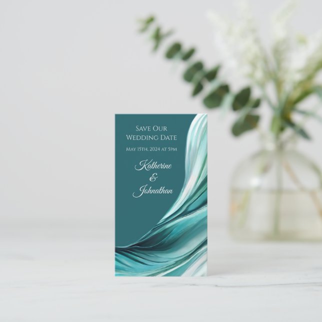 Tarjeta De Visita Boda Salven nuestra cita- Verde Esmeralda moderno- (Anverso de pie)