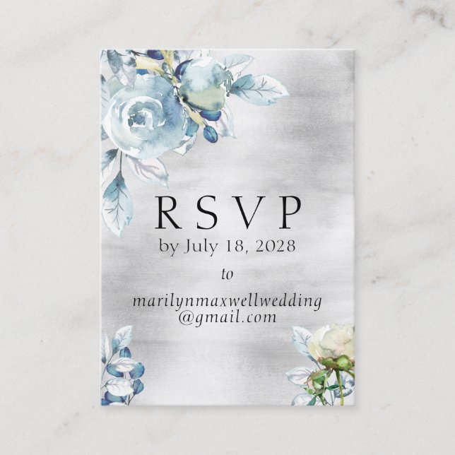 Tarjeta De Visita Boda Silver Dusty Blue Peony  RSVP en línea (Anverso)