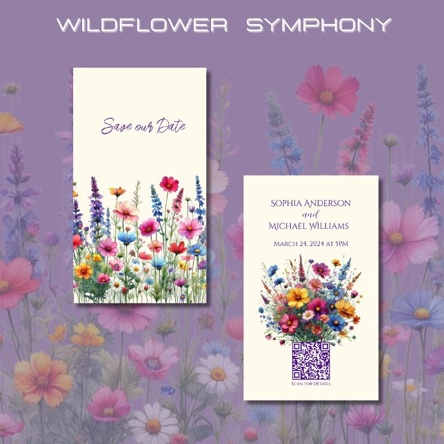Tarjeta De Visita Boda Sinfónica De Flores Silvestres Salva La Fecha (Wildflower Symphony Wedding Save the Date-Colorful, Rustic, Country, Bohemian, Elegant)