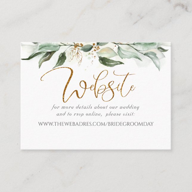 Tarjeta De Visita Boda Sitio Web Gold Greenery (Anverso)