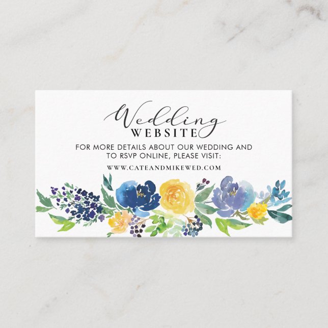 Tarjeta De Visita Boda web Navy Floral azul y amarilla (Anverso)