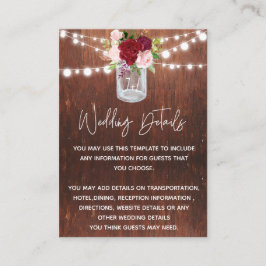 Tarjeta De Visita Boda Wood Mason Jar Burgundy Detalles del presupue