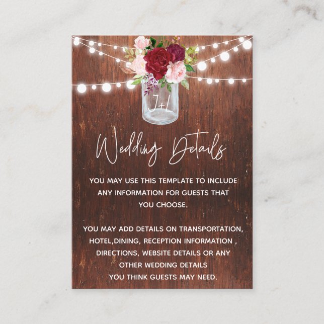 Tarjeta De Visita Boda Wood Mason Jar Burgundy Detalles del presupue (Anverso)