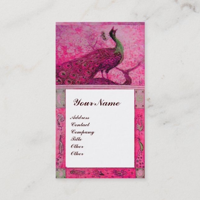 Tarjeta De Visita BODAS AMOR PAVOS REALES MONOGRAMA Rosa Fucsia Blan (Anverso)