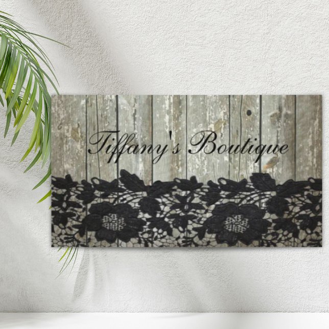 Tarjeta De Visita bohemio de campo Lazo negro antiguo de madera rúst (country bohemian Black lace old rustic barnwood Business Card)
