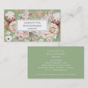 Tarjeta De Visita Boho Acuarela Jardinera Flor Silvestre Verde Salvi