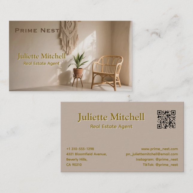 Tarjeta De Visita Boho Aesthetic Real Estate Agent Business Card (Anverso / Reverso)