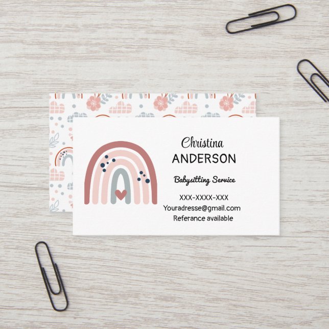 Tarjeta De Visita Boho Arcoiris Pastel de Niñera (Anverso/Reverso In Situ)