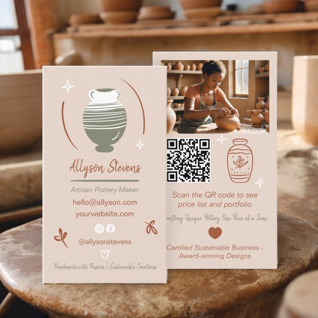Tarjeta De Visita Boho Artisan Pottery Maker Crafts foto código qr (Boho Artisan Pottery Maker Crafts photo qr code Business Card)
