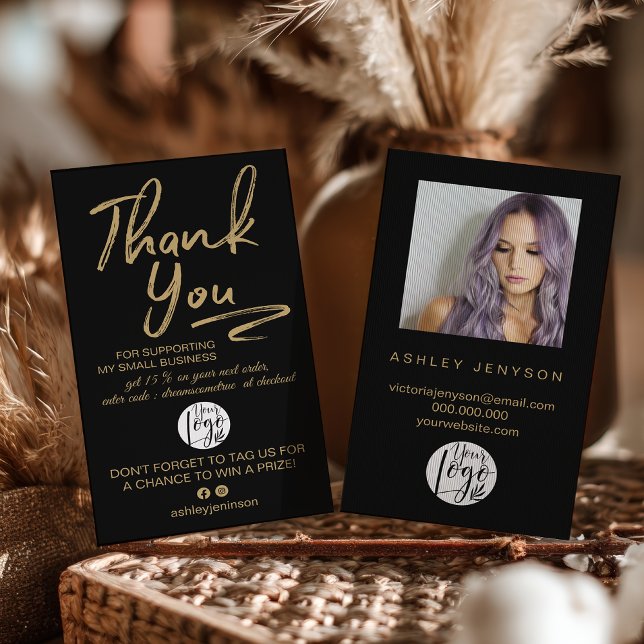 Tarjeta De Visita Boho Black and Gold Script Photo Thank You Logo (Boho Black and Gold Script Photo Thank You Logo Business Card)