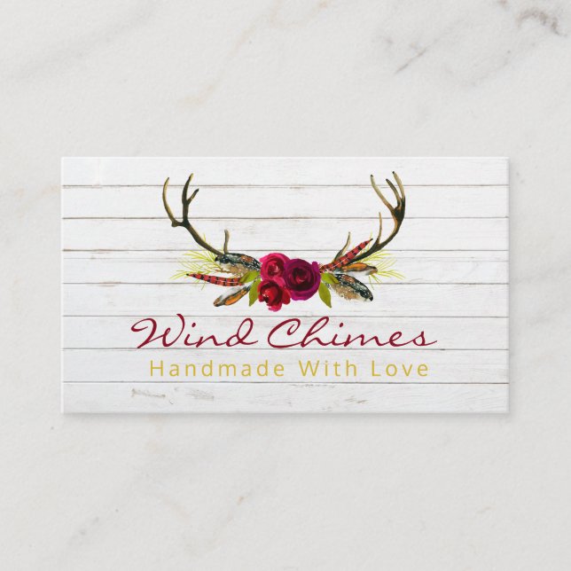 Tarjeta De Visita Boho Blooms Antlers Chime Viento Hecho A Mano (Anverso)
