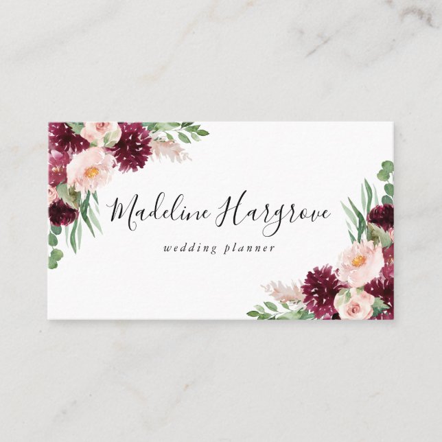 Tarjeta De Visita Boho Burgundy y Rubor Floral (Anverso)
