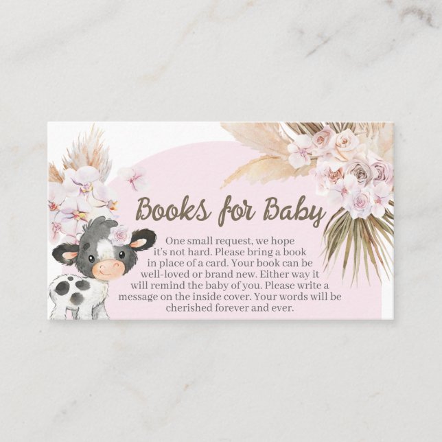 Tarjeta De Visita Boho Cow Baby Shower Books para el bebé (Anverso)