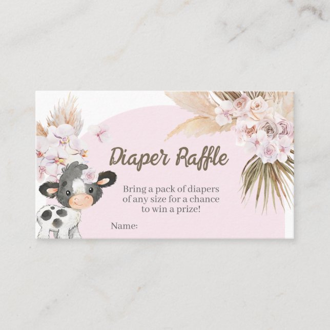 Tarjeta De Visita Boho Cow Baby Shower Diaper Raffle (Anverso)