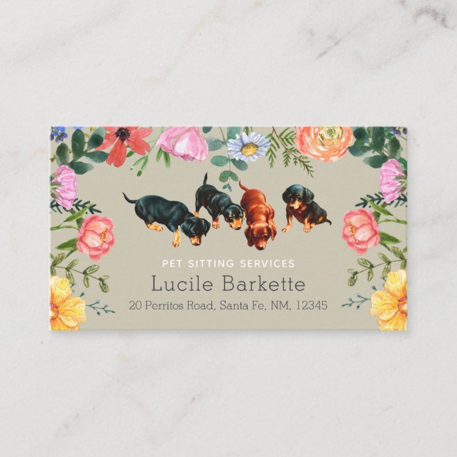 Tarjeta De Visita Boho Cute Dachshund Cuidado de Mascotas Flores Sil (Anverso)