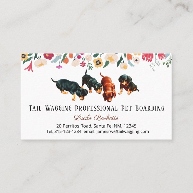 Tarjeta De Visita Boho Cute Dachshund Mascota Boarding Floral (Anverso)