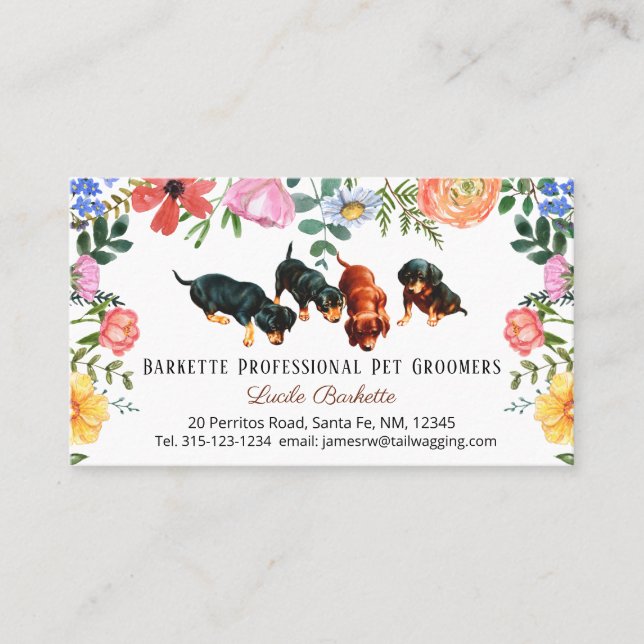 Tarjeta De Visita Boho Cute Dachshund Mascota Grooming Wildflowers (Anverso)