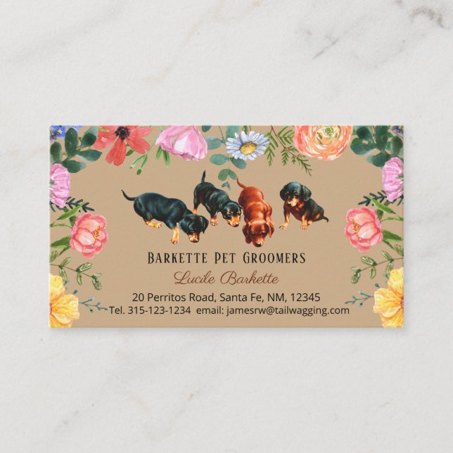 Tarjeta De Visita Boho Cute Dachshund Mascota Grooming Wildflowers K (Anverso)