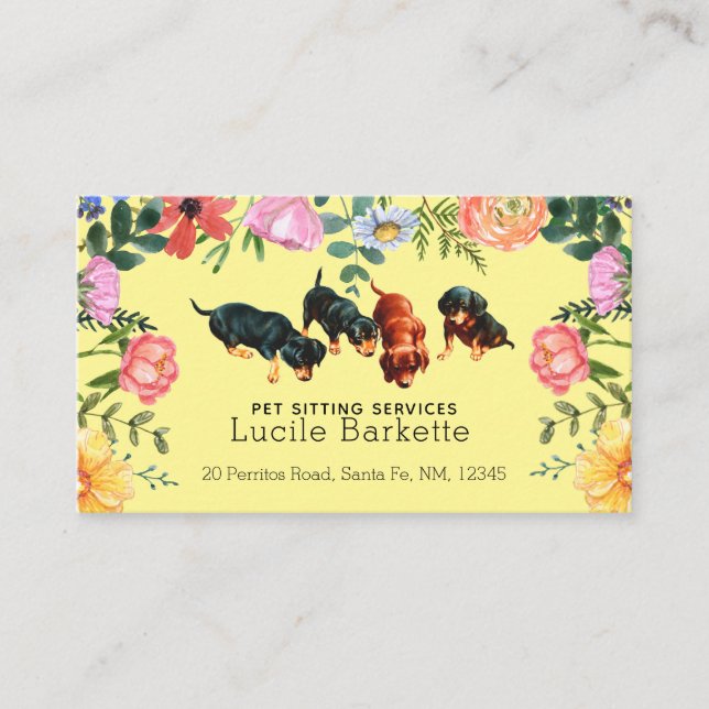 Tarjeta De Visita Boho Cute Dachshund Pet Sitting Wildflowers Yellow (Anverso)