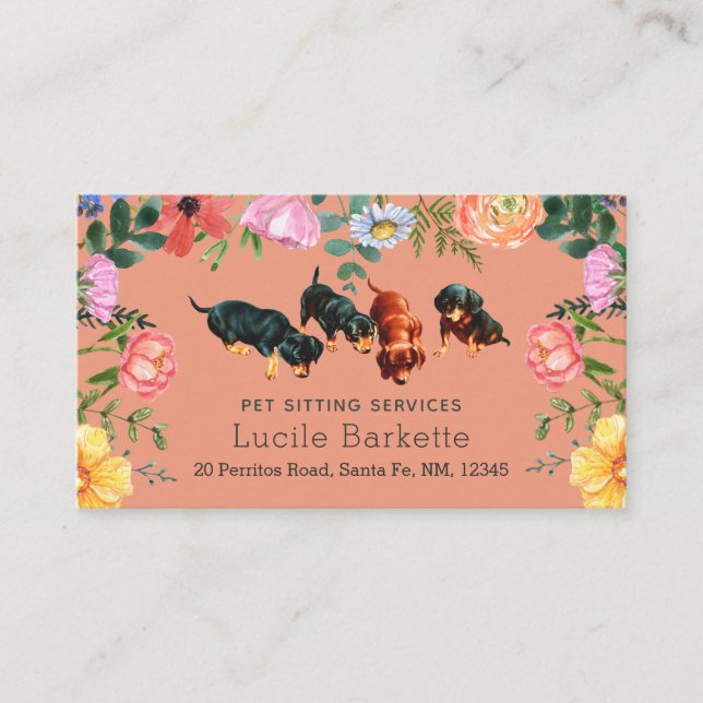 Tarjeta De Visita Boho Dachshund Cuidado de Mascotas Flores Silvestr (Anverso)