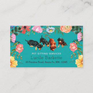 Tarjeta De Visita Boho Dachshund Pet Sitting Wildflowers Teal Blue
