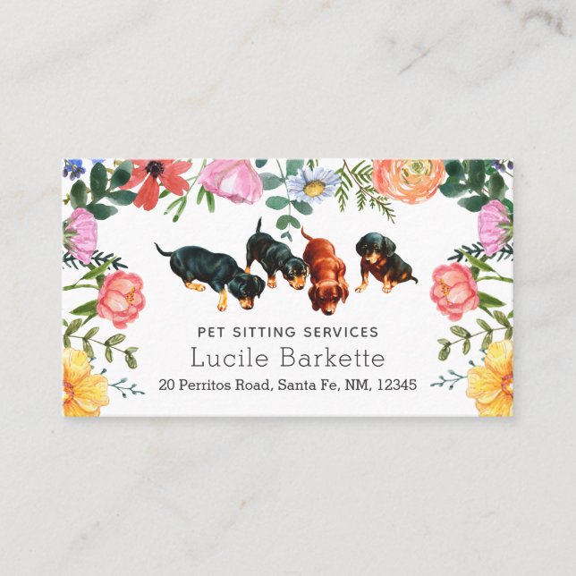 Tarjeta De Visita Boho Dachshunds Cuidado de Mascotas Flores Silvest (Anverso)