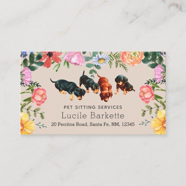 Tarjeta De Visita Boho Dachshunds Cuidado de Mascotas Flores Silvest (Anverso)