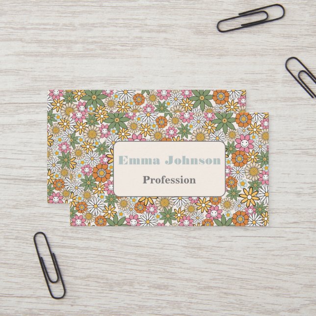 Tarjeta De Visita Boho Daisy Flores Groovy Floral 70 (Anverso/Reverso In Situ)