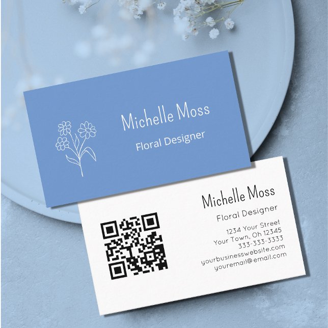 Tarjeta De Visita Boho Daisy QR código Diseñador Floral Azul (Subido por el creador)