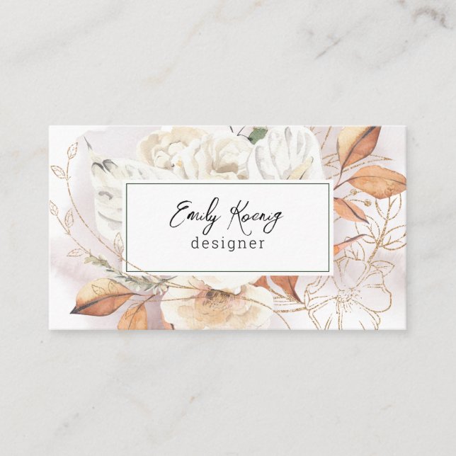 Tarjeta de visita Boho Floral and Gold Tracery (Anverso)