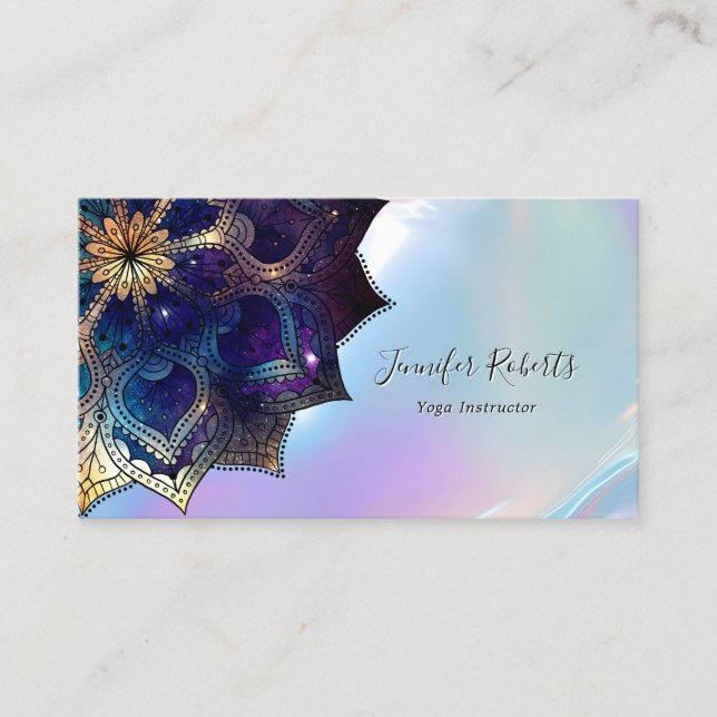 Tarjeta De Visita Boho Floral Azul Dorado Mandala Chic Irisado (Anverso)
