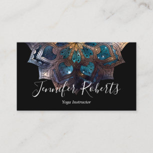 Tarjeta De Visita Boho Floral Azul Dorado Mandala Chic Negro