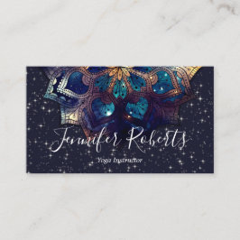 Tarjeta De Visita Boho Floral Azul Oro Mandala Moda Estrellas