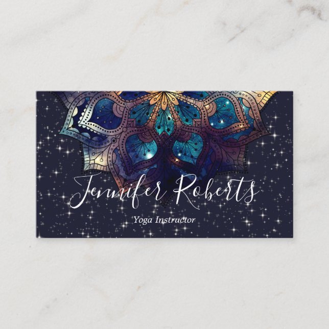 Tarjeta De Visita Boho Floral Azul Oro Mandala Moda Estrellas (Anverso)