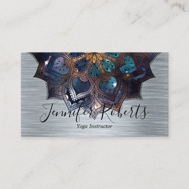 Tarjeta De Visita Boho Floral Blue Gold Mandala Moda Instructor de Y (Anverso)