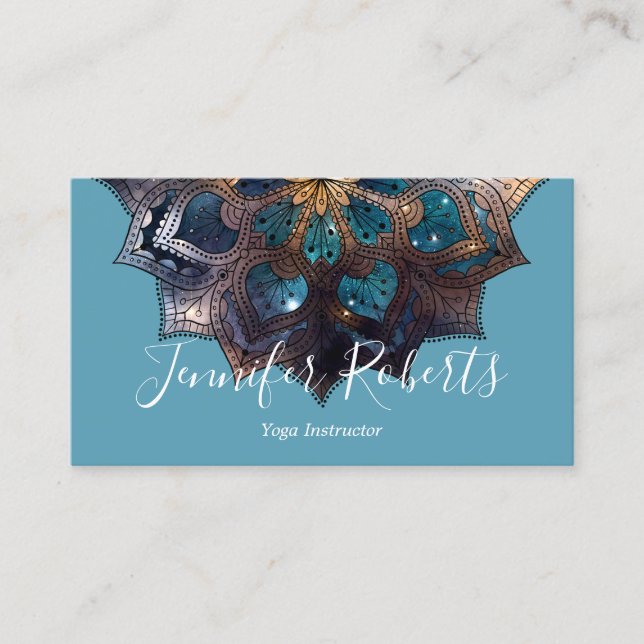 Tarjeta De Visita Boho Floral Blue Gold Mandala Moda moderna (Anverso)