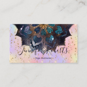 Tarjeta De Visita Boho Floral Blue Gold Mandala Moda Pastel Purpurin