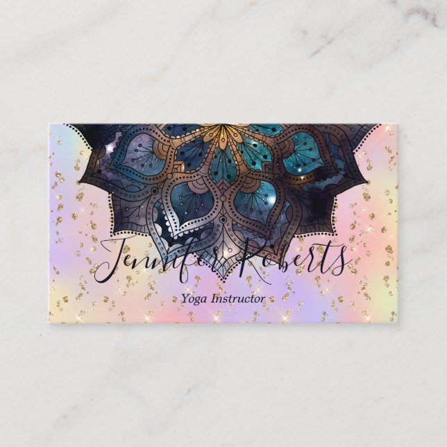 Tarjeta De Visita Boho Floral Blue Gold Mandala Moda Pastel Purpurin (Anverso)