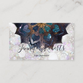 Tarjeta De Visita Boho Floral Blue Gold Purpurina de Moda Mandala