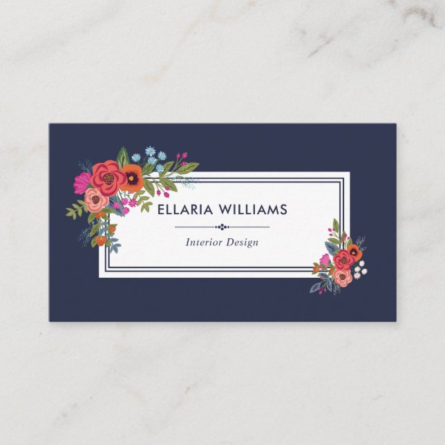 Tarjeta De Visita Boho Floral Bouquets - Azul y Blanco de la Marina (Anverso)