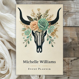 Tarjeta De Visita Boho Floral Bull Cow Skull Rústico Occidental