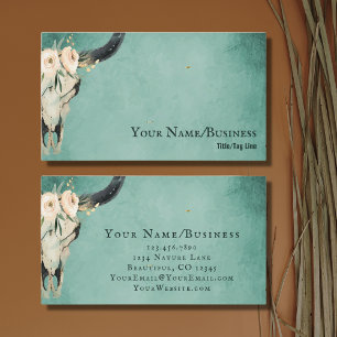 Tarjeta De Visita Boho Floral Cow Skull on Turquoise