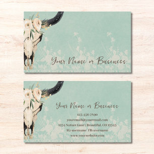 Tarjeta De Visita Boho Floral Cow Skull on Turquoise